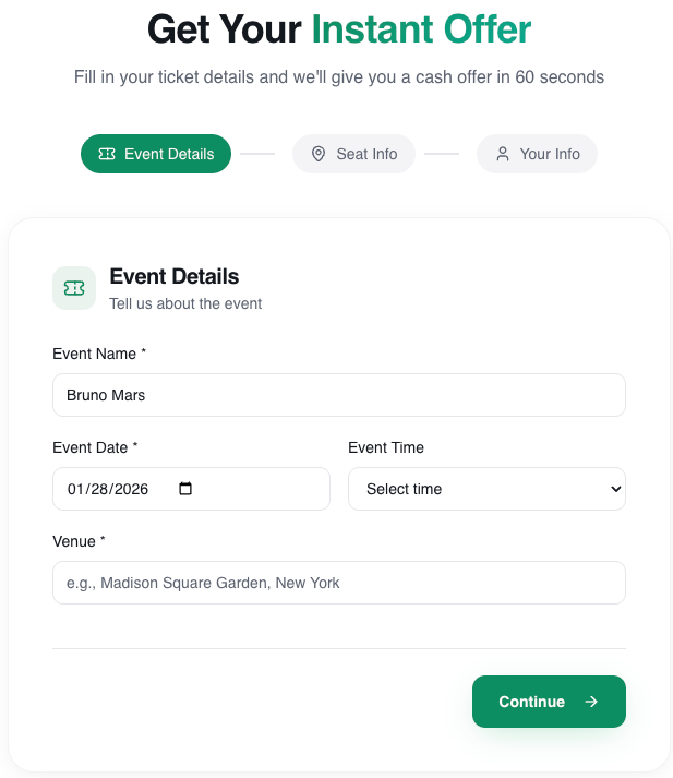 Simple ticket submission form showing event details, seat info, and contact fields
