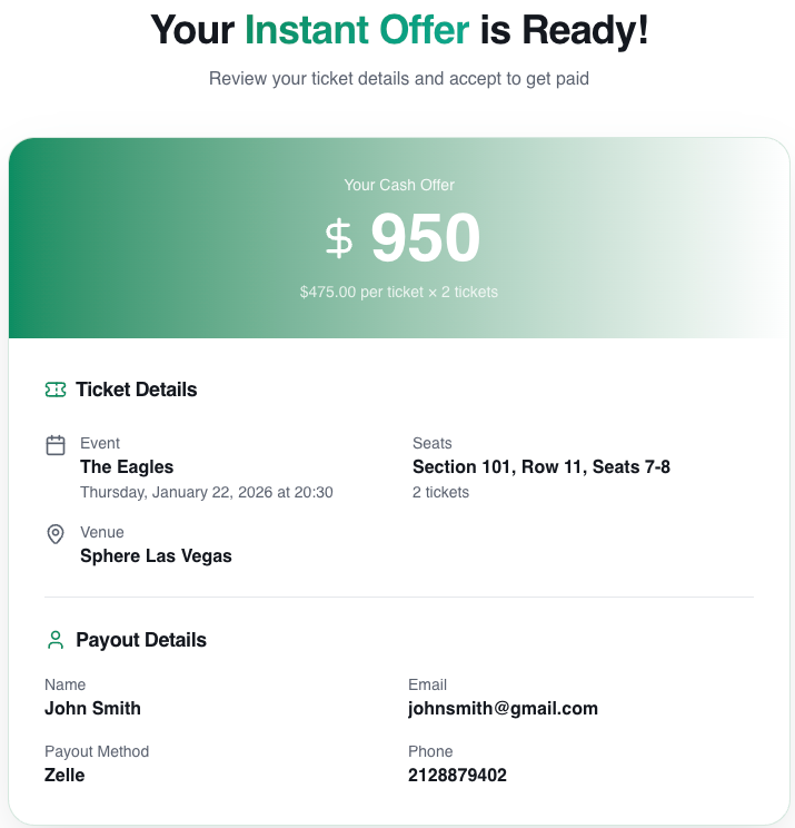Real-time offer loading screen showing analyzing tickets, checking market prices, and preparing offer