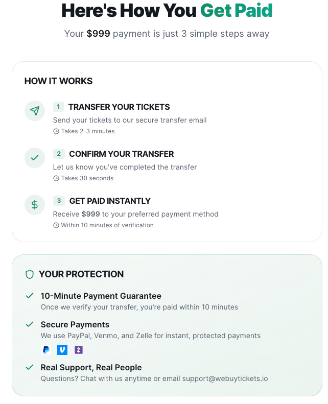 Transfer process showing step-by-step instructions, payment guarantee, and secure payment options