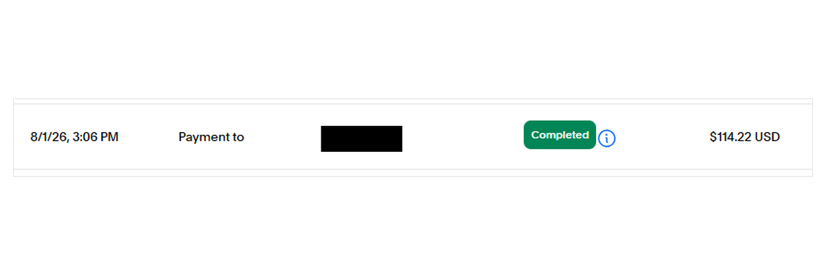Redacted PayPal activity row, payment sent August 1, 2026 at 3:06 PM, $114.22, status Completed