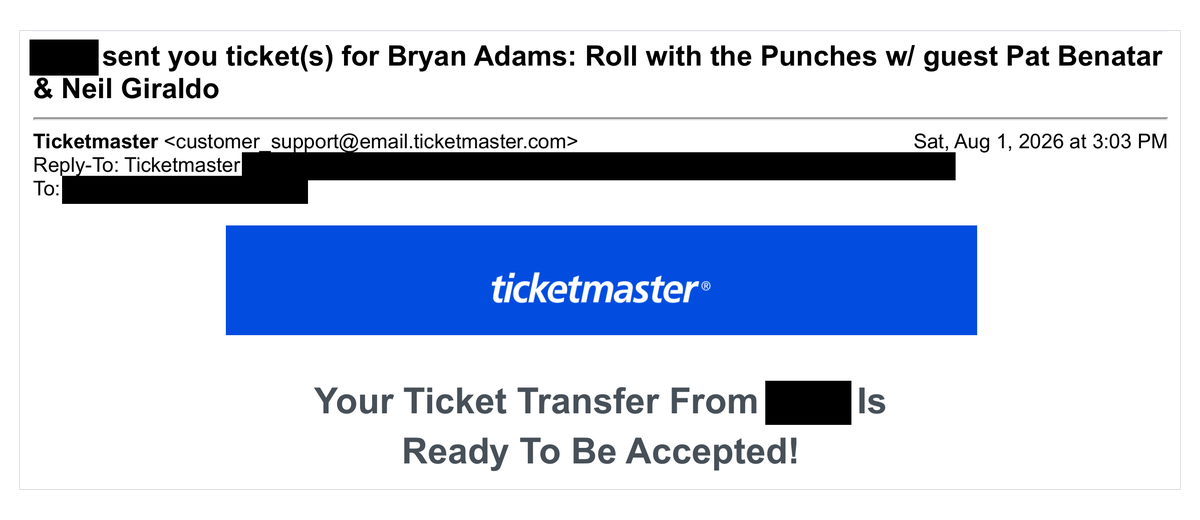 Redacted Ticketmaster transfer email for Bryan Adams: Roll with the Punches, received August 1, 2026 at 3:03 PM